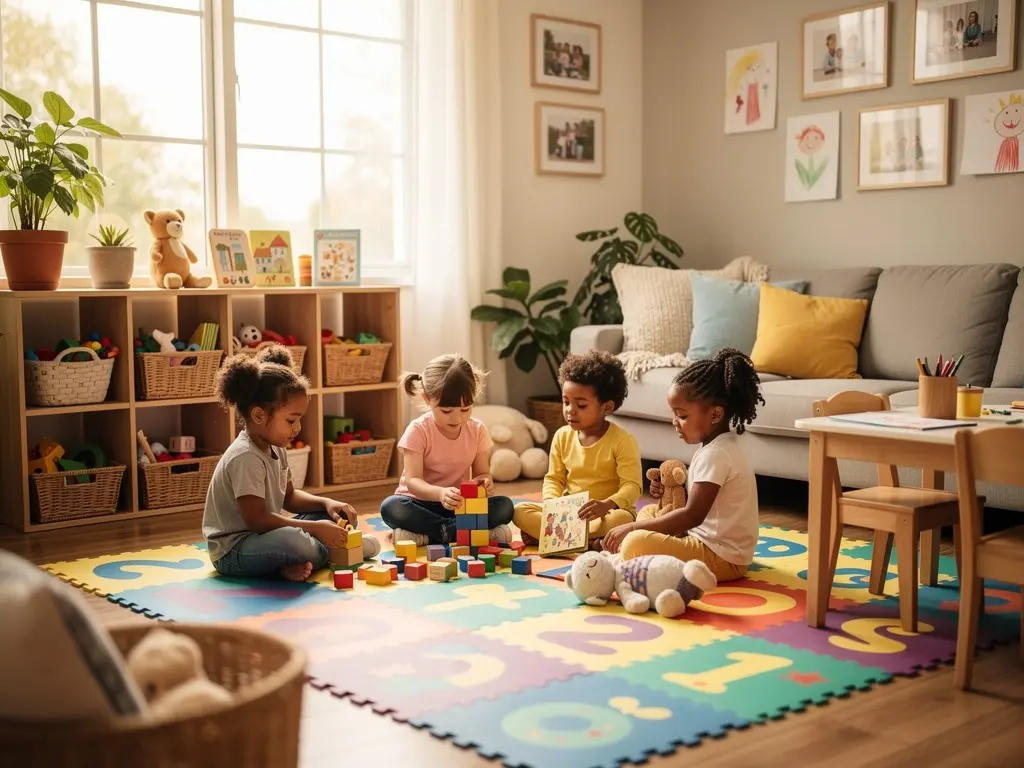Warm, nurturing childcare environment with diverse children playing together
