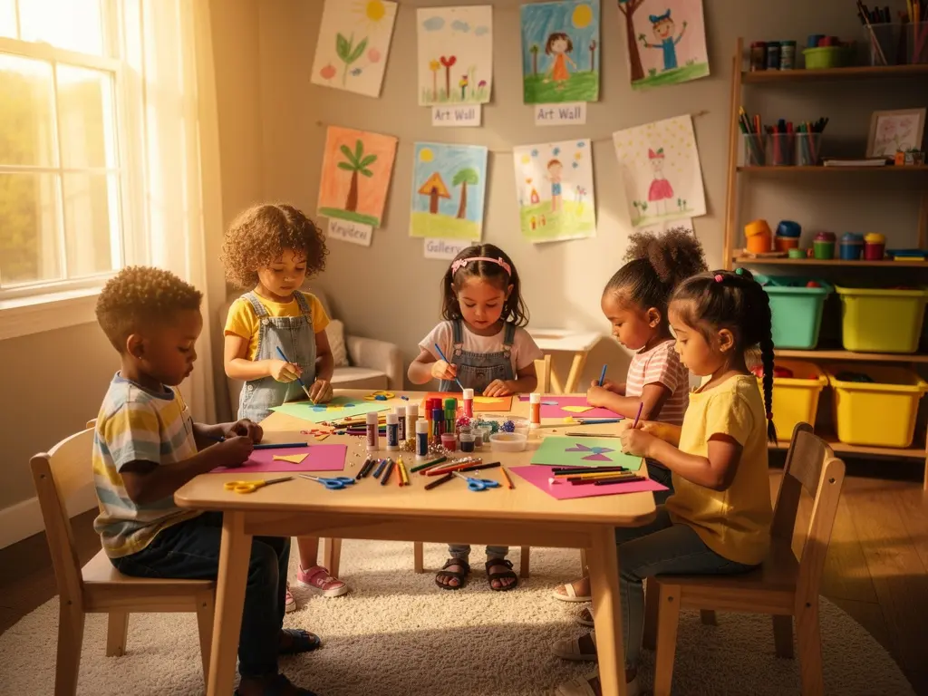 Diverse group of children painting together at a colorful art table