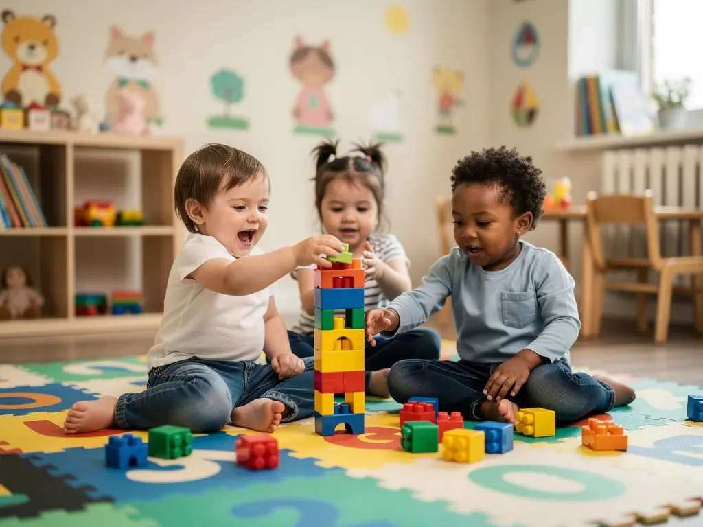 Happy children playing with building blocks together