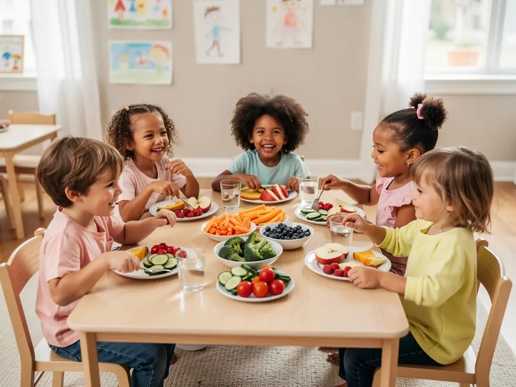 Children enjoying a healthy organic meal together at a table
