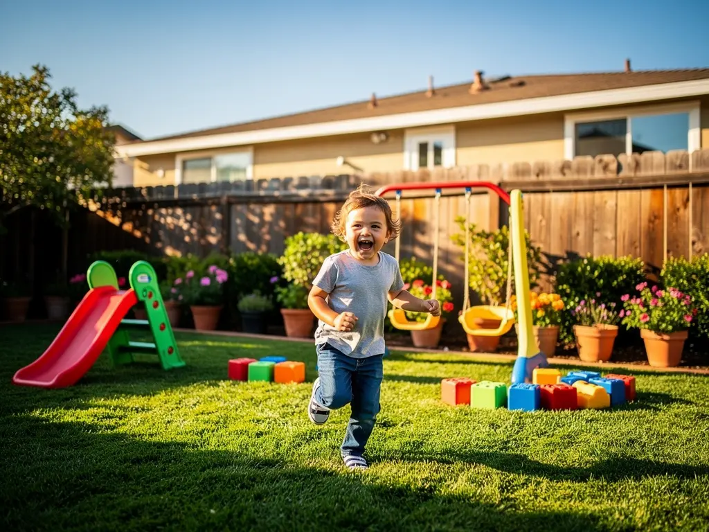 Child smiling while playing outdoors in a sunny garden