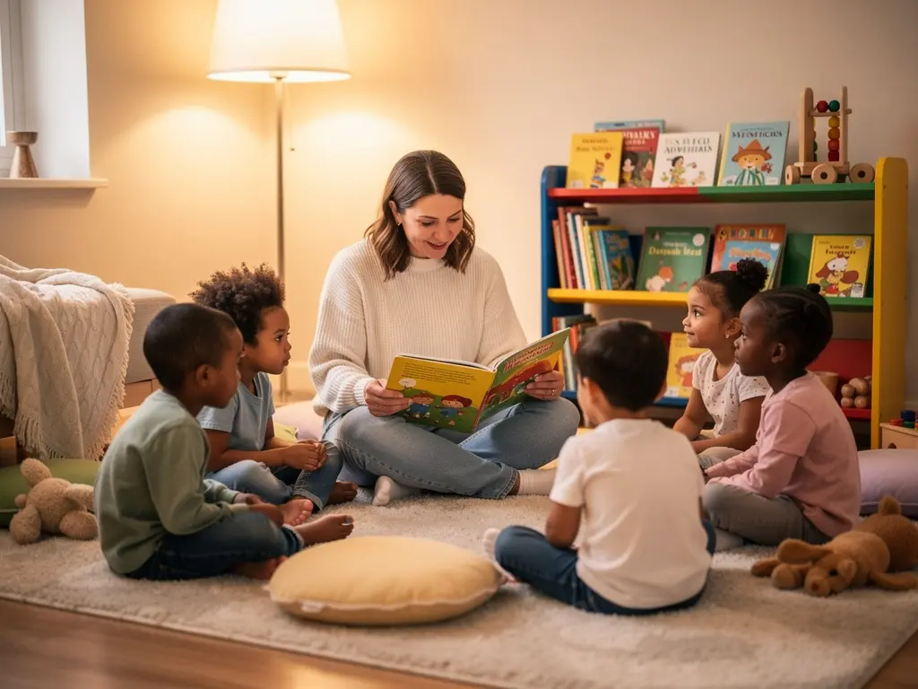 Caregiver reading a storybook to an attentive group of children